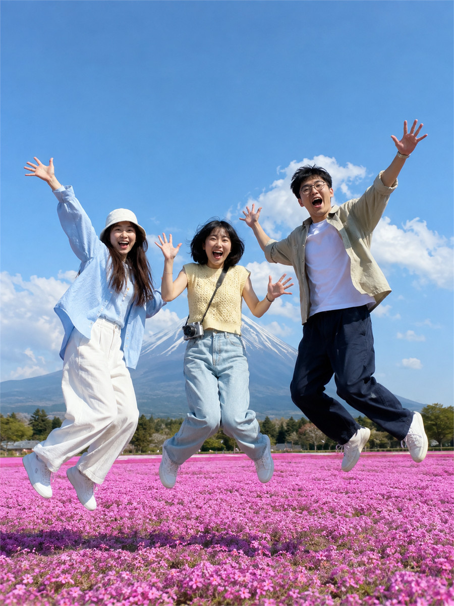 三個朋友在富士山芝櫻花海前跳起來的旅行合照