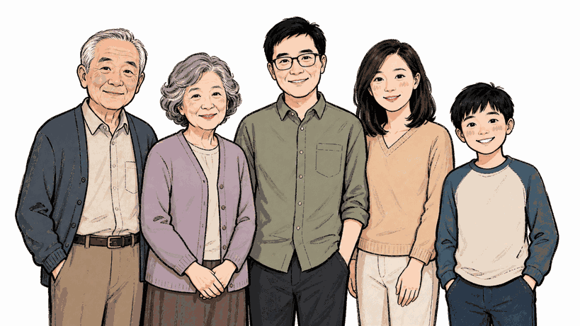 多人由不同照片重組成合照的示意